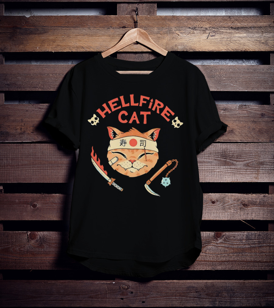 Hellfire Cat Sushi Samurai With Nunchaku And Flaming Sword T-Shirt