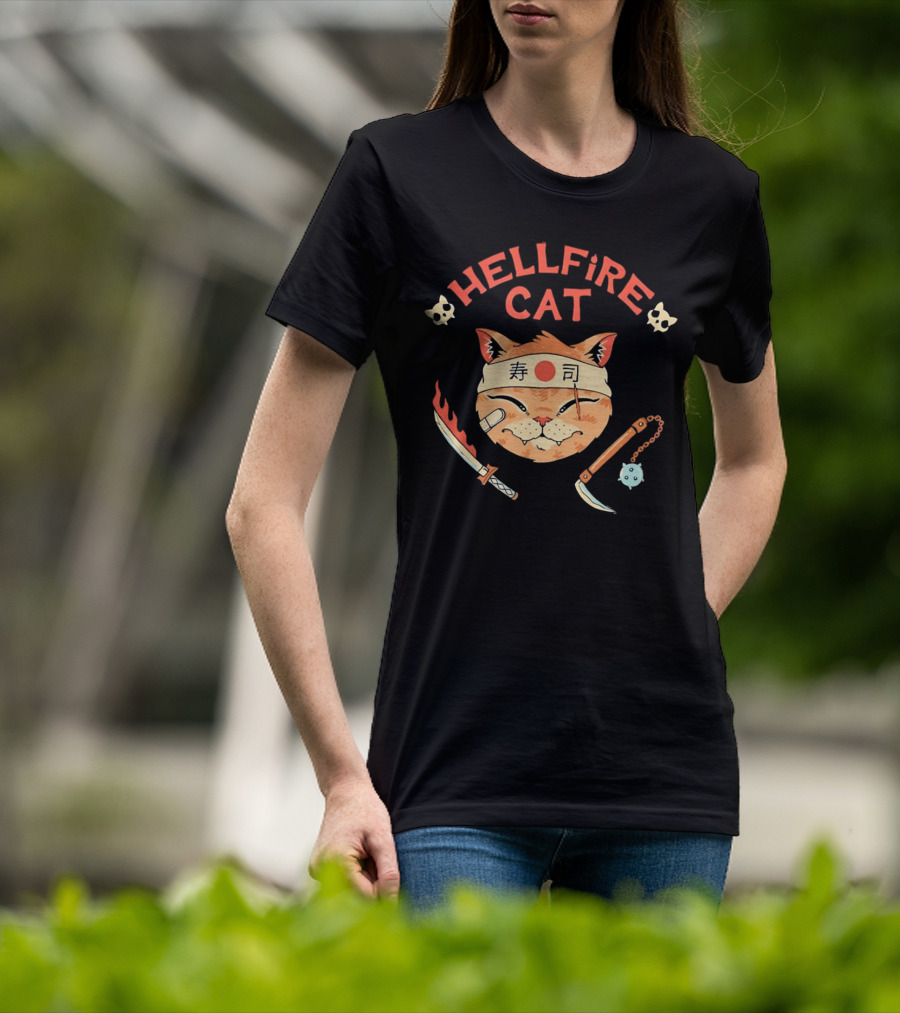 Hellfire Cat Sushi Samurai With Nunchaku And Flaming Sword T-Shirt
