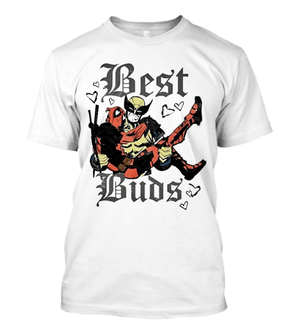 Best Buds Wolverine Carrying Deadpool With Hearts T-Shirt