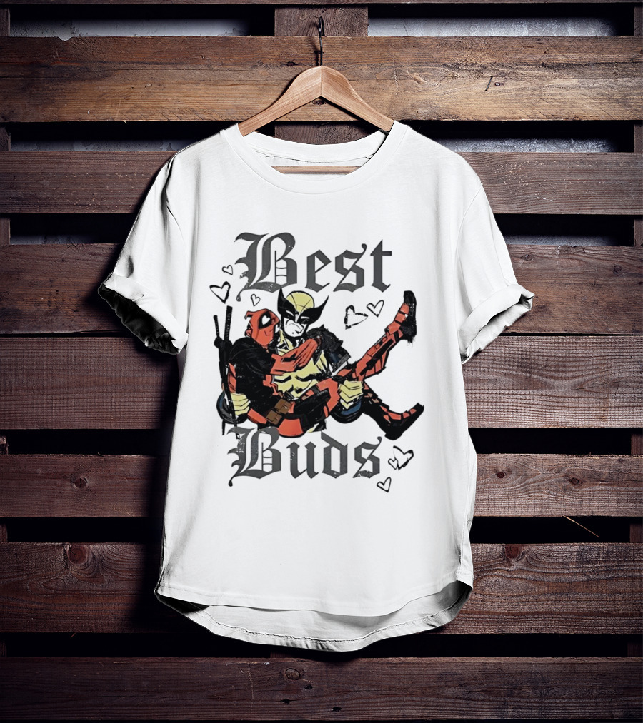 Best Buds Wolverine Carrying Deadpool With Hearts T-Shirt