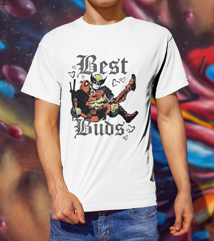 Best Buds Wolverine Carrying Deadpool With Hearts T-Shirt