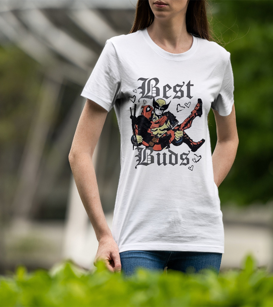 Best Buds Wolverine Carrying Deadpool With Hearts T-Shirt
