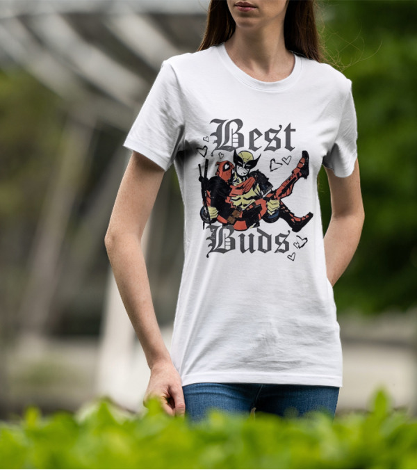 Best Buds Wolverine Carrying Deadpool With Hearts T-Shirt