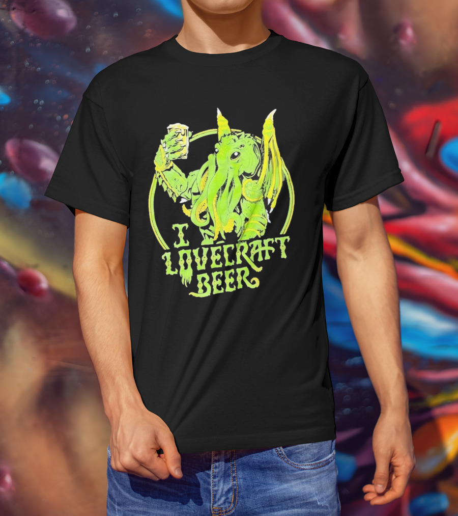 Cthulhu I Love Craft Beer Green Creature Holding Mug T-Shirt