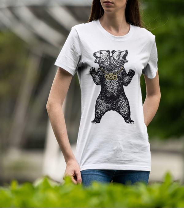 Double Osos Natural Bear Fierce Dual-Headed Roaring Emblem T-Shirt