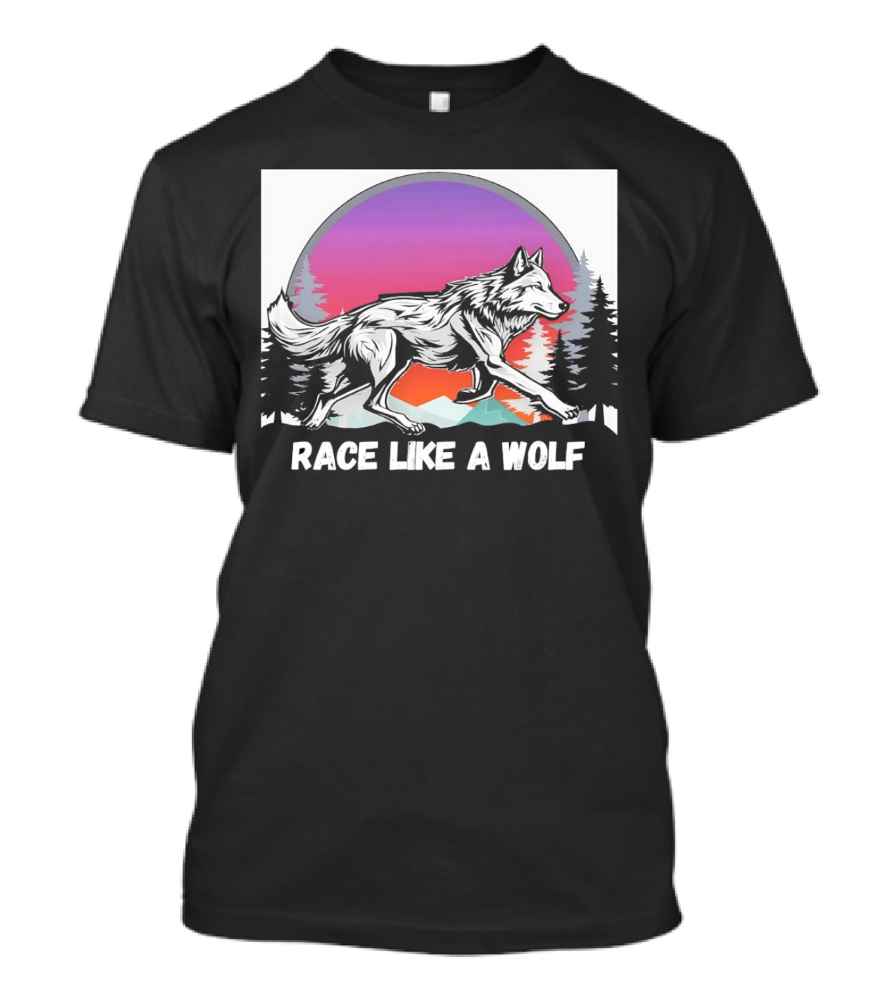 Race Like A Wolf Running Through Forest Silhouette At Sunset T-Shirt