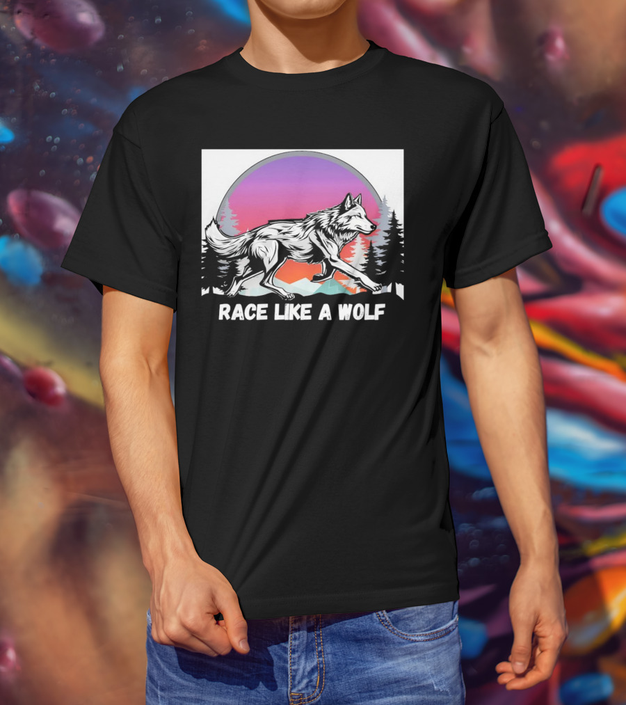 Race Like A Wolf Running Through Forest Silhouette At Sunset T-Shirt