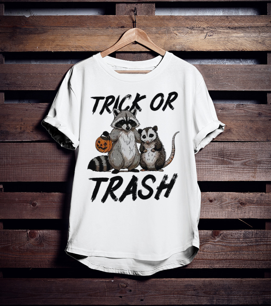 Trick Or Trash Halloween Raccoon With Pumpkin T-Shirt