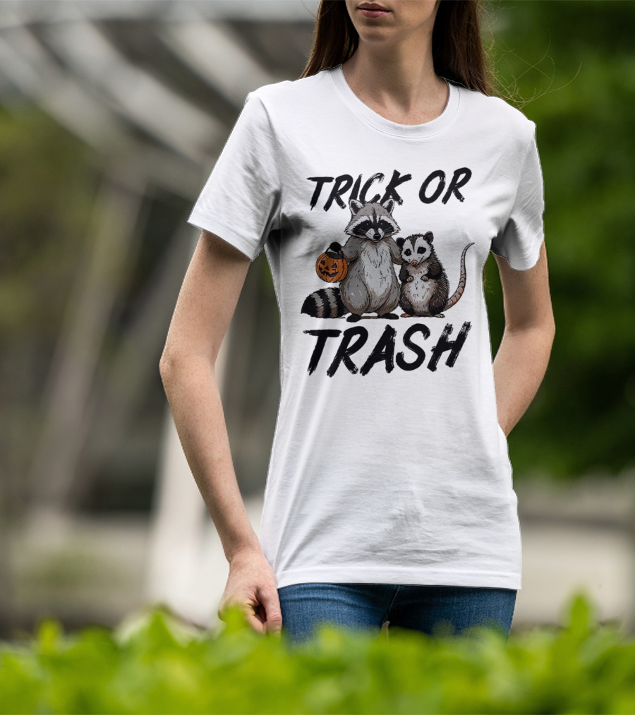 Trick Or Trash Halloween Raccoon With Pumpkin T-Shirt