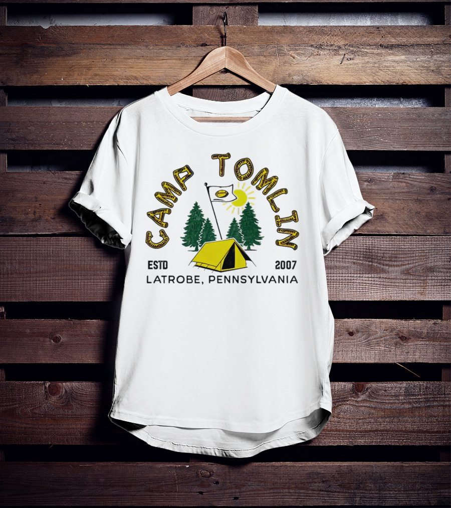 Camp Tomlin Established 2007 Latrobe Pennsylvania Football Camping Tent Trees Moon Sun T-Shirt