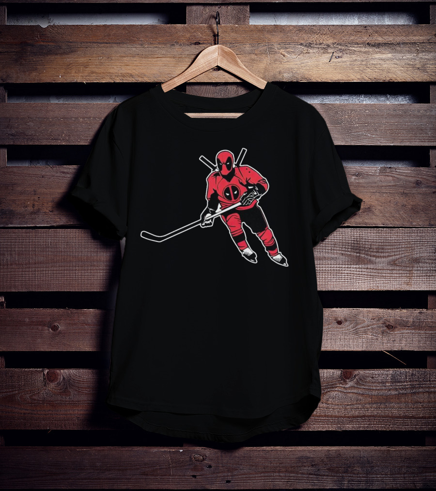 Deadpool Playing Hockey With Iconic Mask And Costume T-Shirt