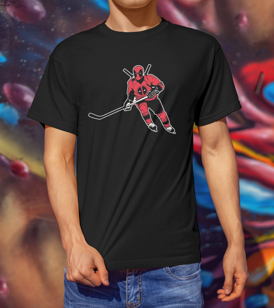 Deadpool Playing Hockey With Iconic Mask And Costume T-Shirt