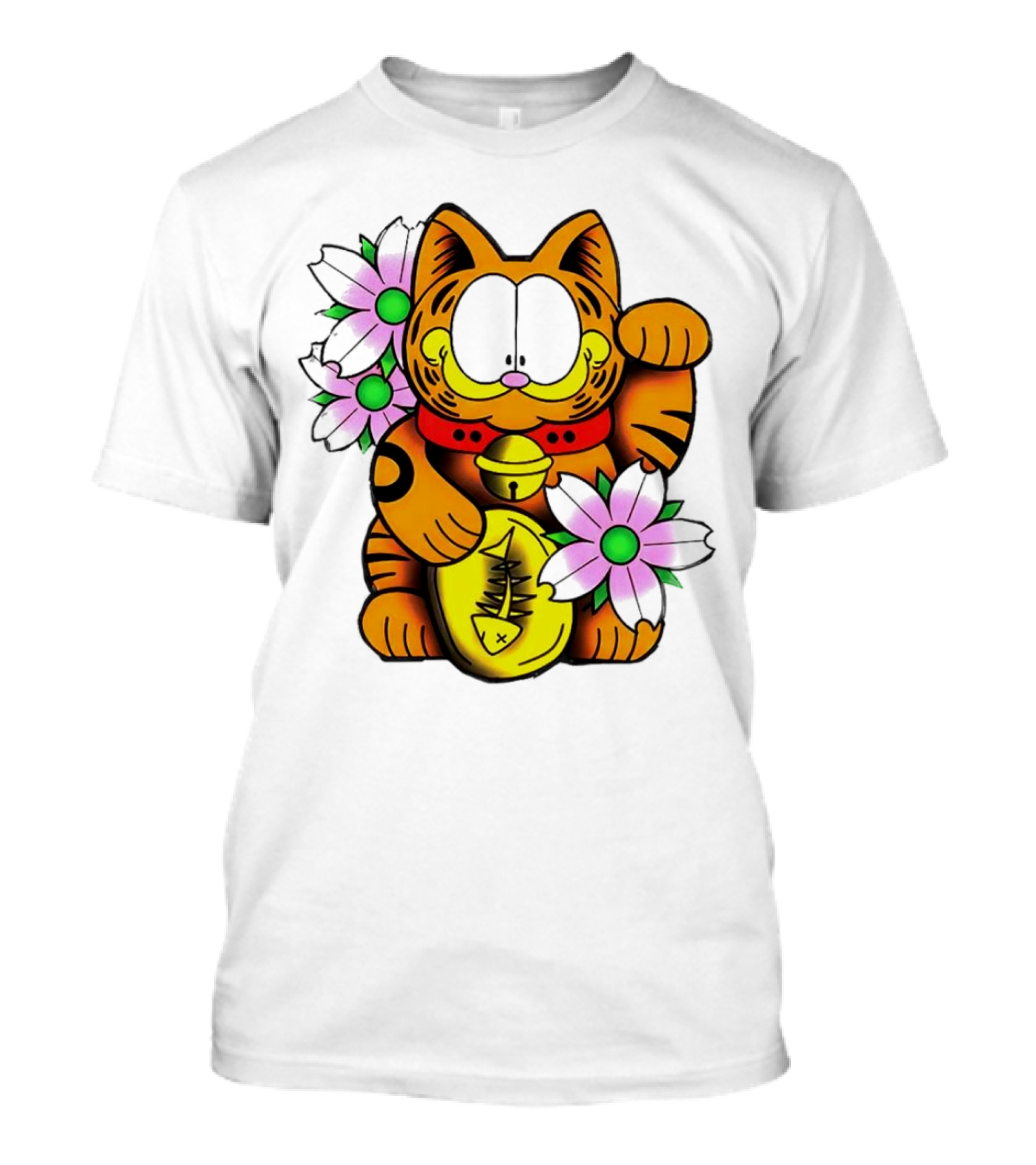 Garfield Maneki Neko With Fish Coin And Flowers T-Shirt