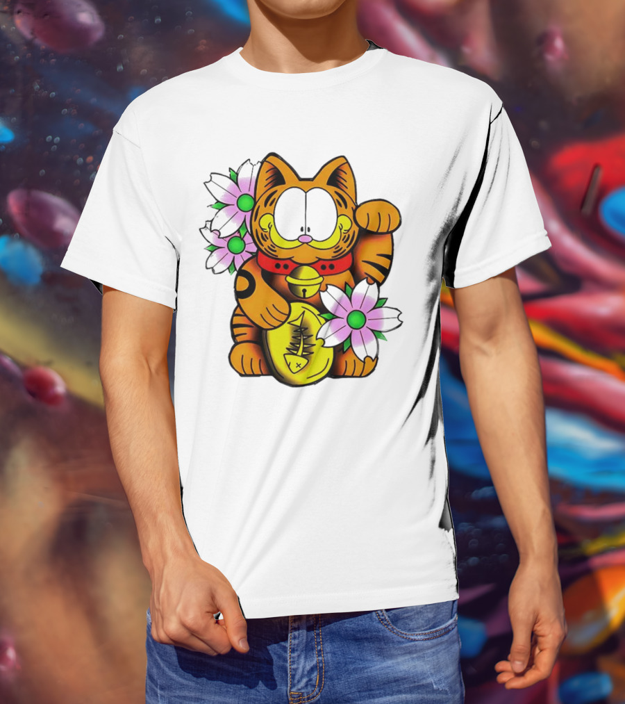 Garfield Maneki Neko With Fish Coin And Flowers T-Shirt