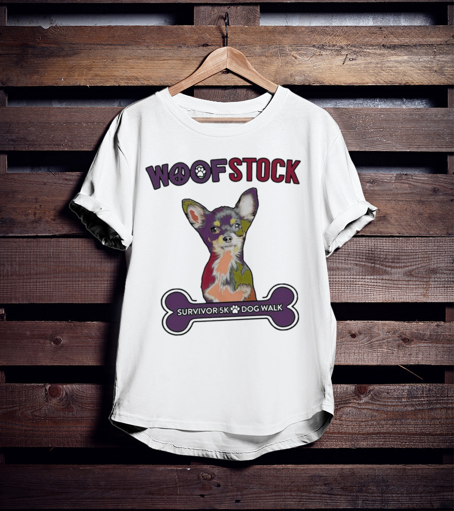 Woof Stock Peace Sign Survivor 5K Dog Walk Colorful Chihuahua Bone T-Shirt