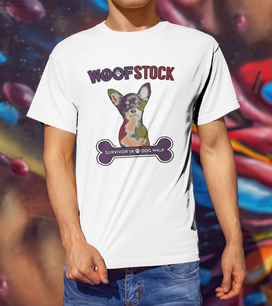 Woof Stock Peace Sign Survivor 5K Dog Walk Colorful Chihuahua Bone T-Shirt