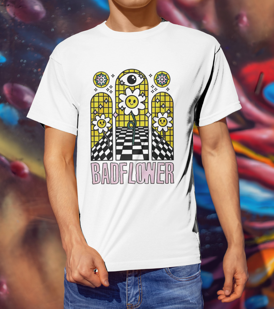 Badflower Eyeball Wall Happy Flowers Stained Glass T-Shirt