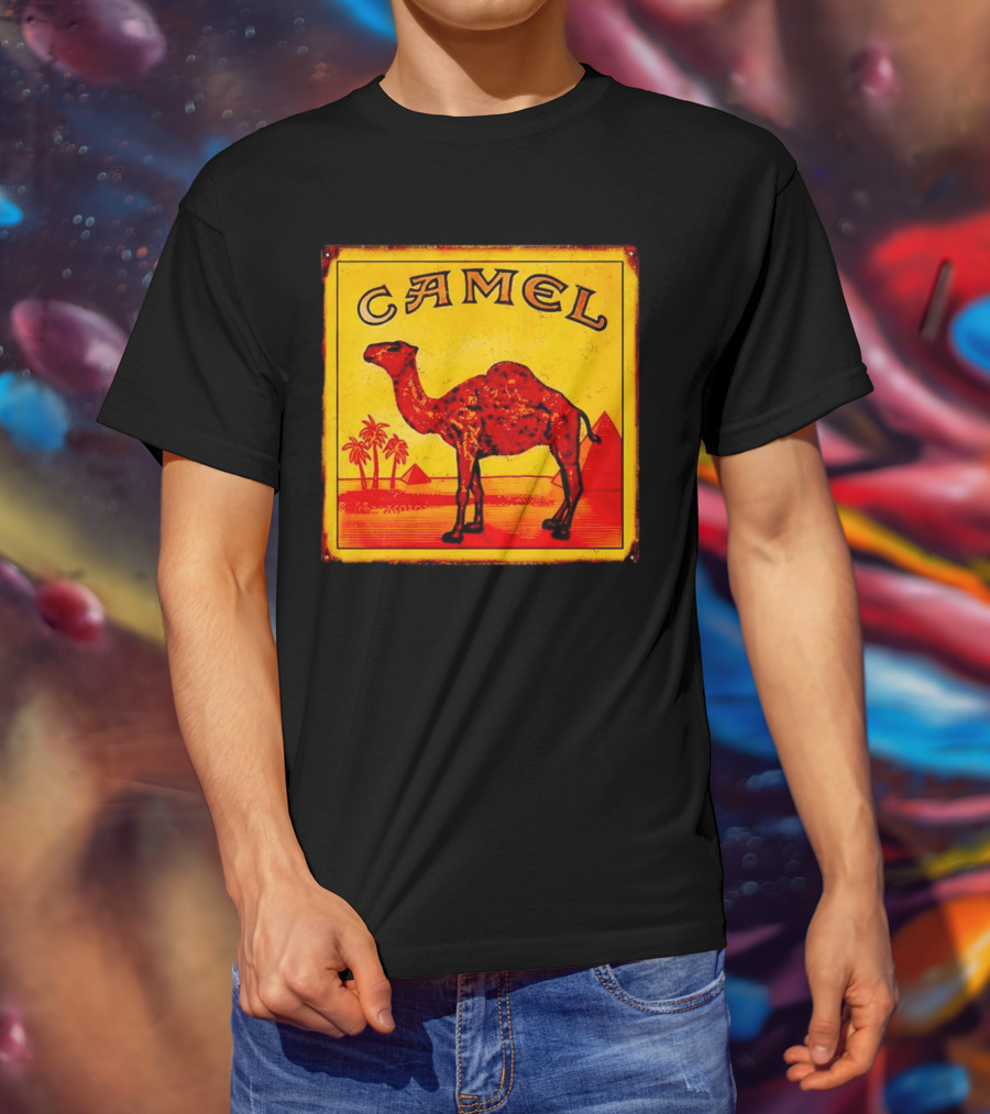 Vintage Camel Cigarettes Logo Yellow Square With Red Camel And Pyramids T-Shirt
