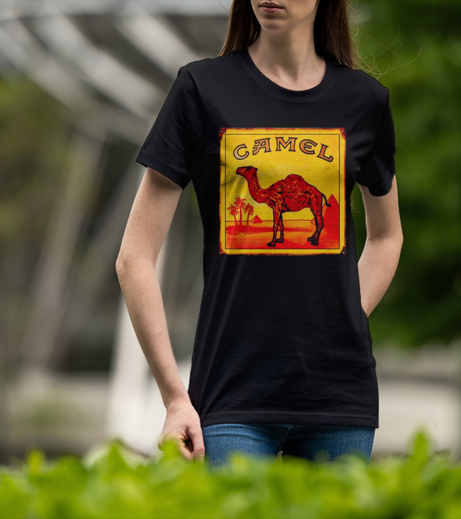 Vintage Camel Cigarettes Logo Yellow Square With Red Camel And Pyramids T-Shirt