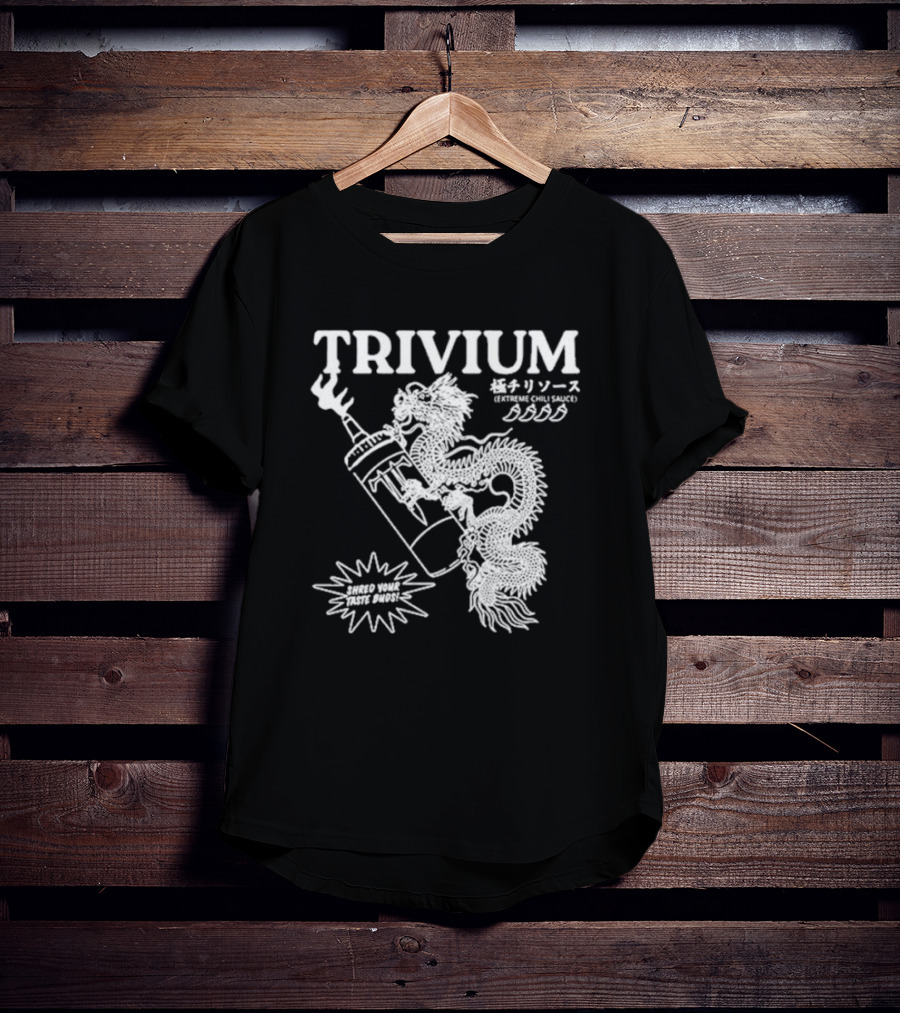 TRIVIUM Extreme Chili Sauce Shred Your Taste Buds Dragon Bottle T-Shirt