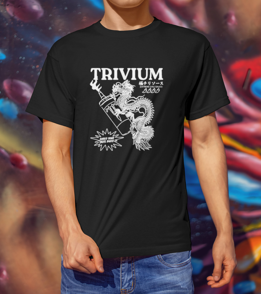 TRIVIUM Extreme Chili Sauce Shred Your Taste Buds Dragon Bottle T-Shirt