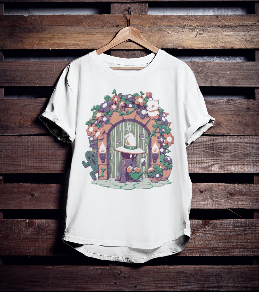 A Gardening Mage And Friends Enchanted Floral Doorway Fantasy Garden Scene T-Shirt
