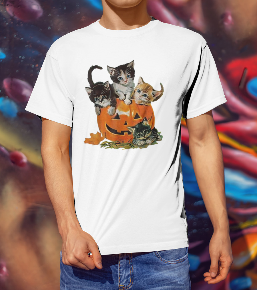 Vintage 90s Cat Pumpkin Halloween Spooky Season T-Shirt