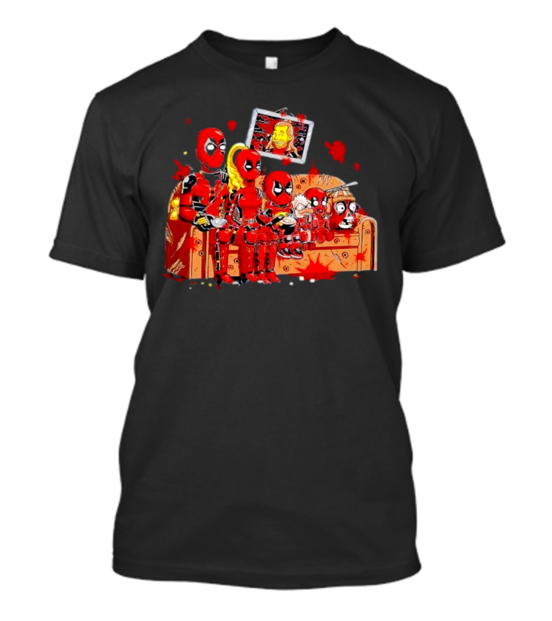 Deadpool Characters Sitting On Simpsons Couch With TV Screen T-Shirt