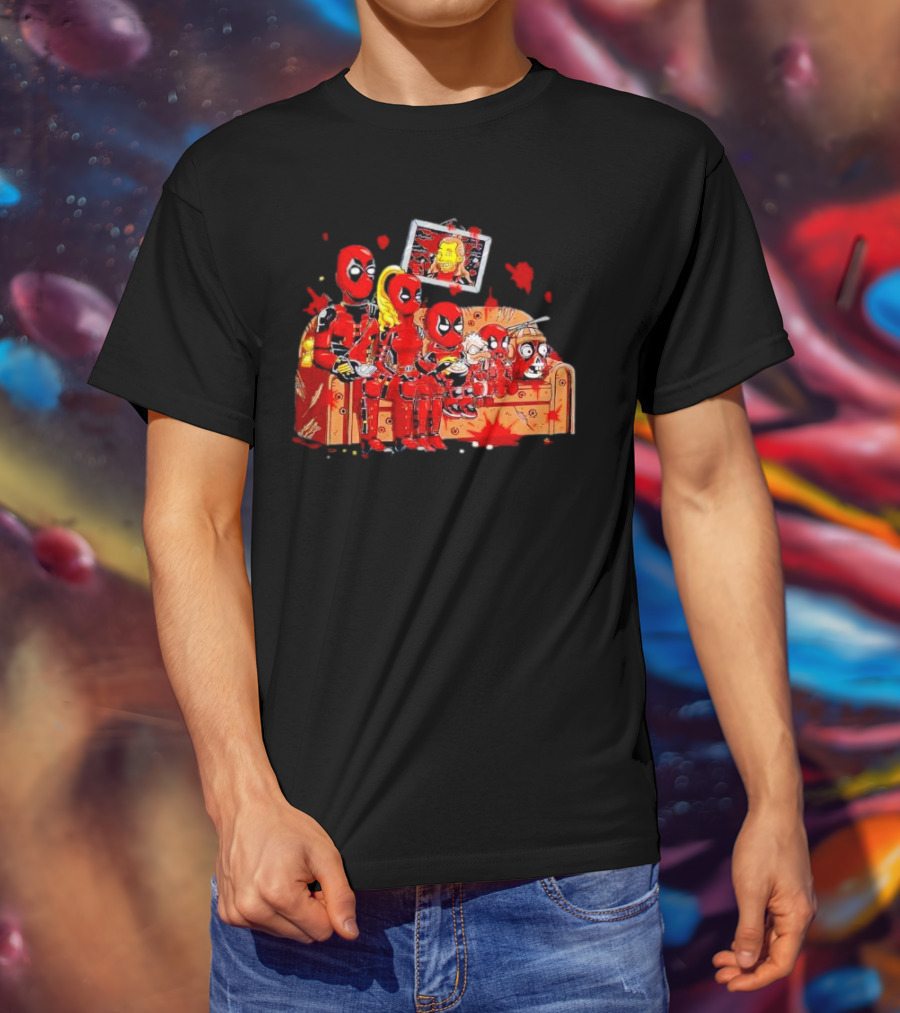 Deadpool Characters Sitting On Simpsons Couch With TV Screen T-Shirt