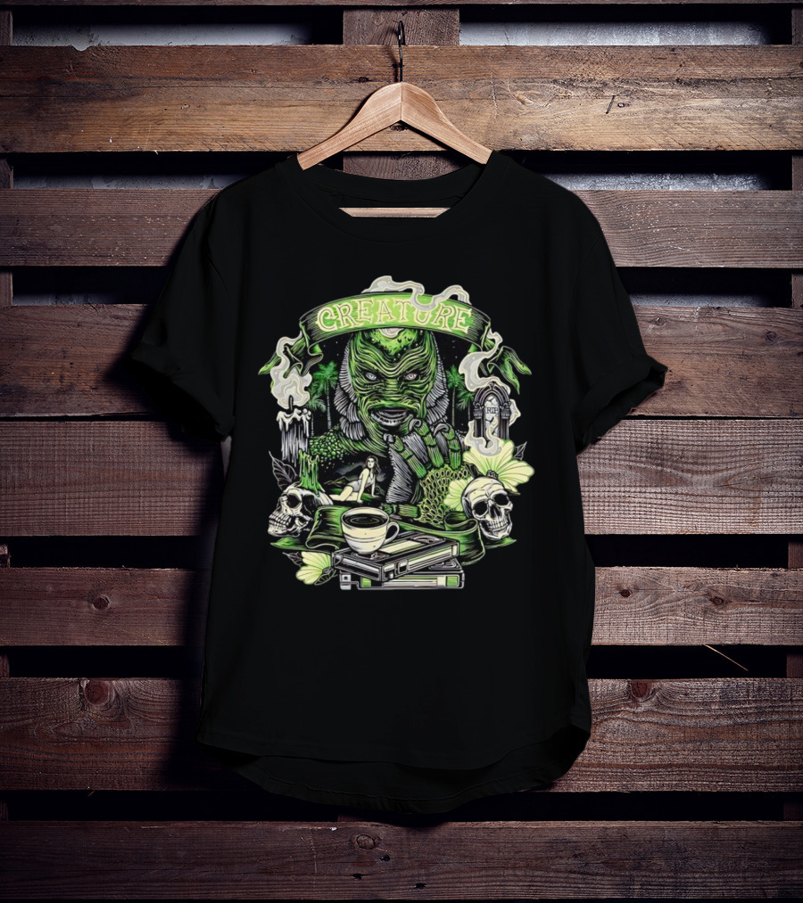 Creature From The Black Lagoon Gill-man Illustrated With Skulls, Books, And Coffee Cup T-Shirt