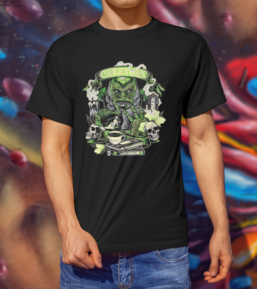 Creature From The Black Lagoon Gill-man Illustrated With Skulls, Books, And Coffee Cup T-Shirt