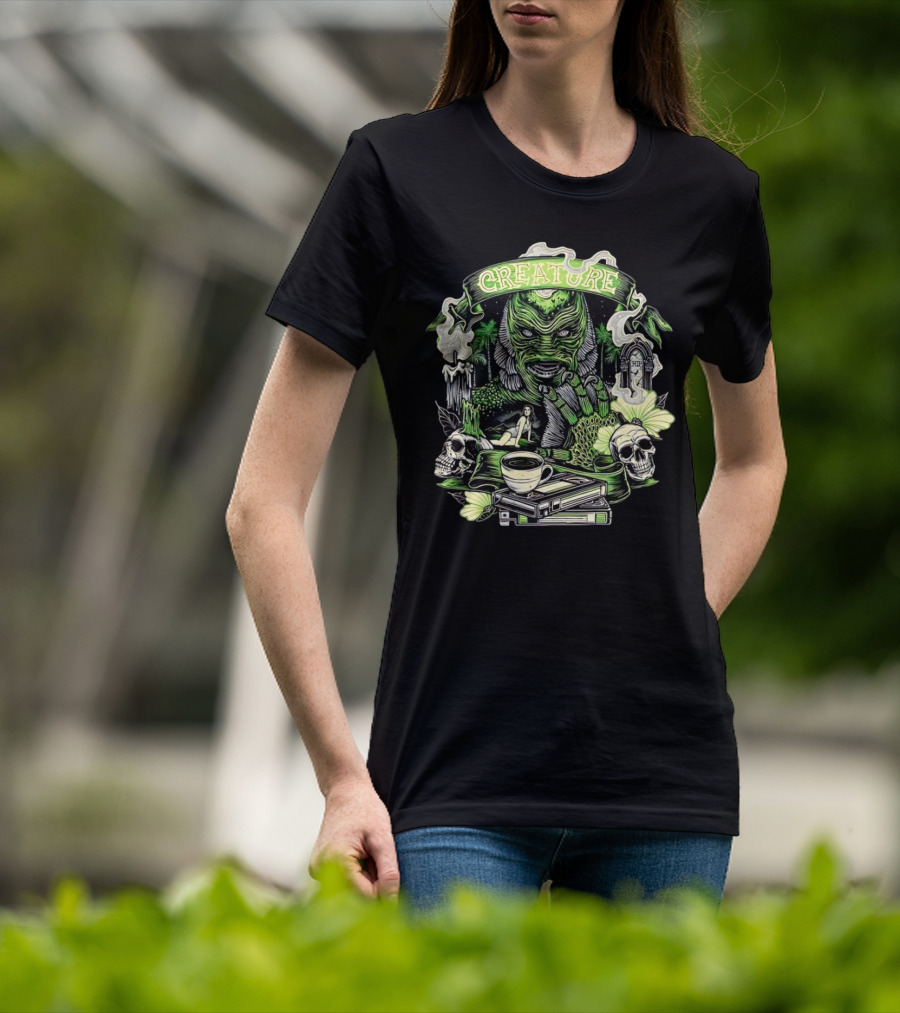 Creature From The Black Lagoon Gill-man Illustrated With Skulls, Books, And Coffee Cup T-Shirt