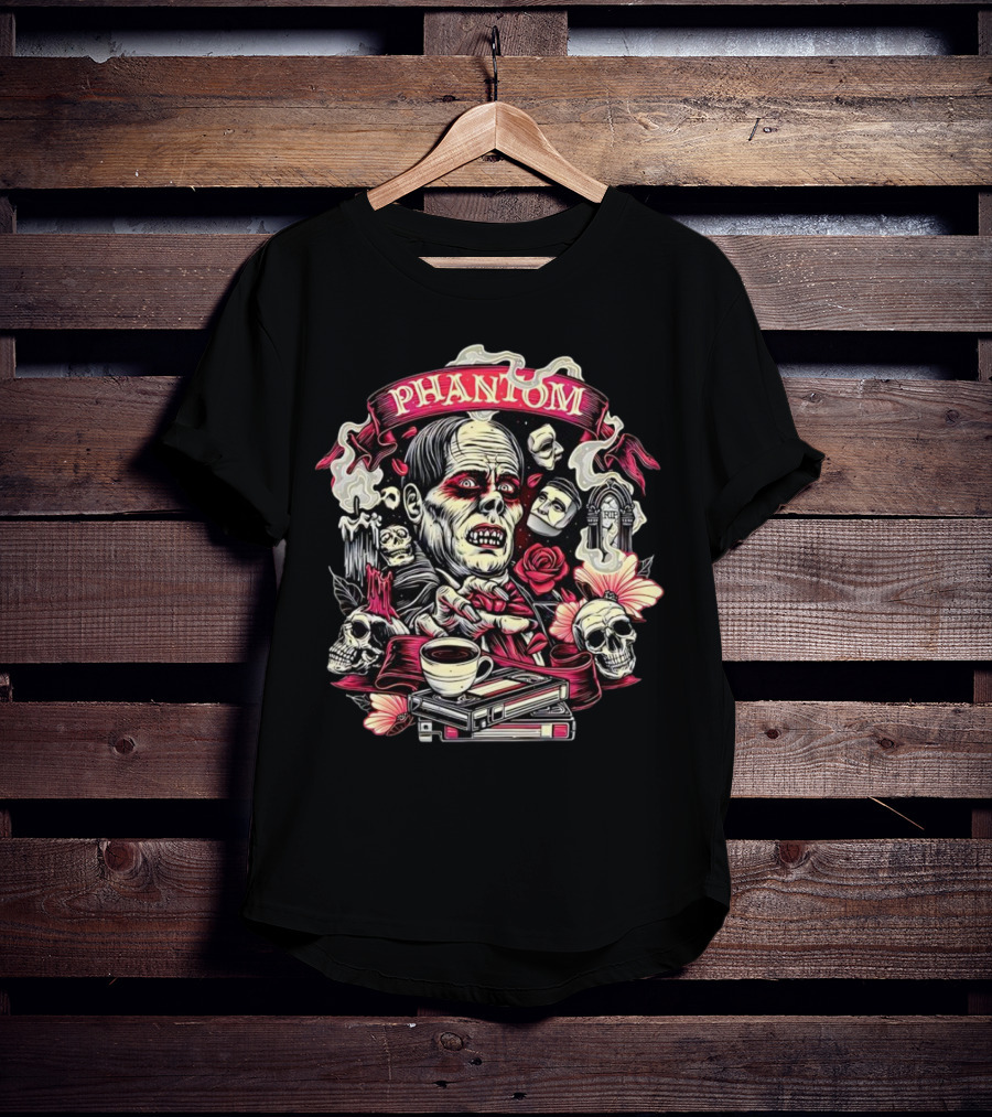 Phantom Of The Opera The Many Faces Of The Phantom With Skulls, Roses, And Coffee Cup T-Shirt