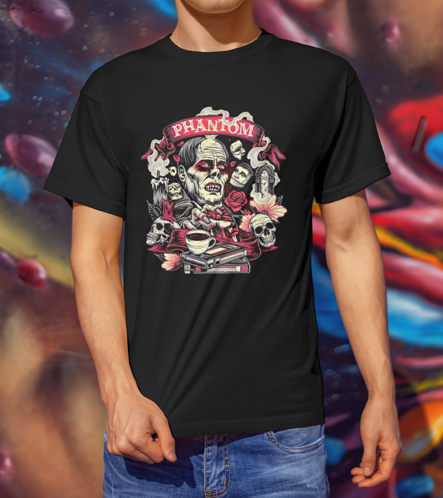 Phantom Of The Opera The Many Faces Of The Phantom With Skulls, Roses, And Coffee Cup T-Shirt