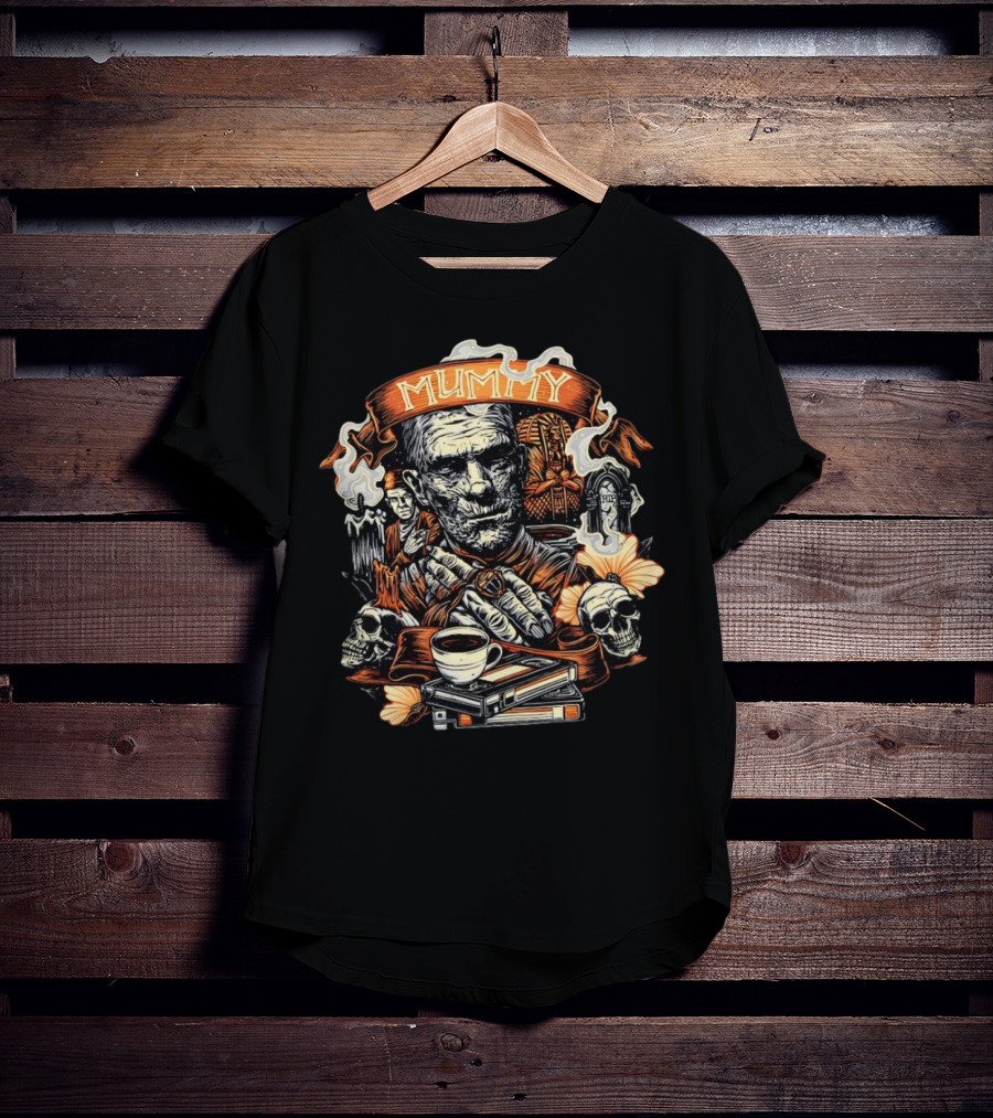 Mummy Vintage Horror Scene With Skulls And Coffee T-Shirt