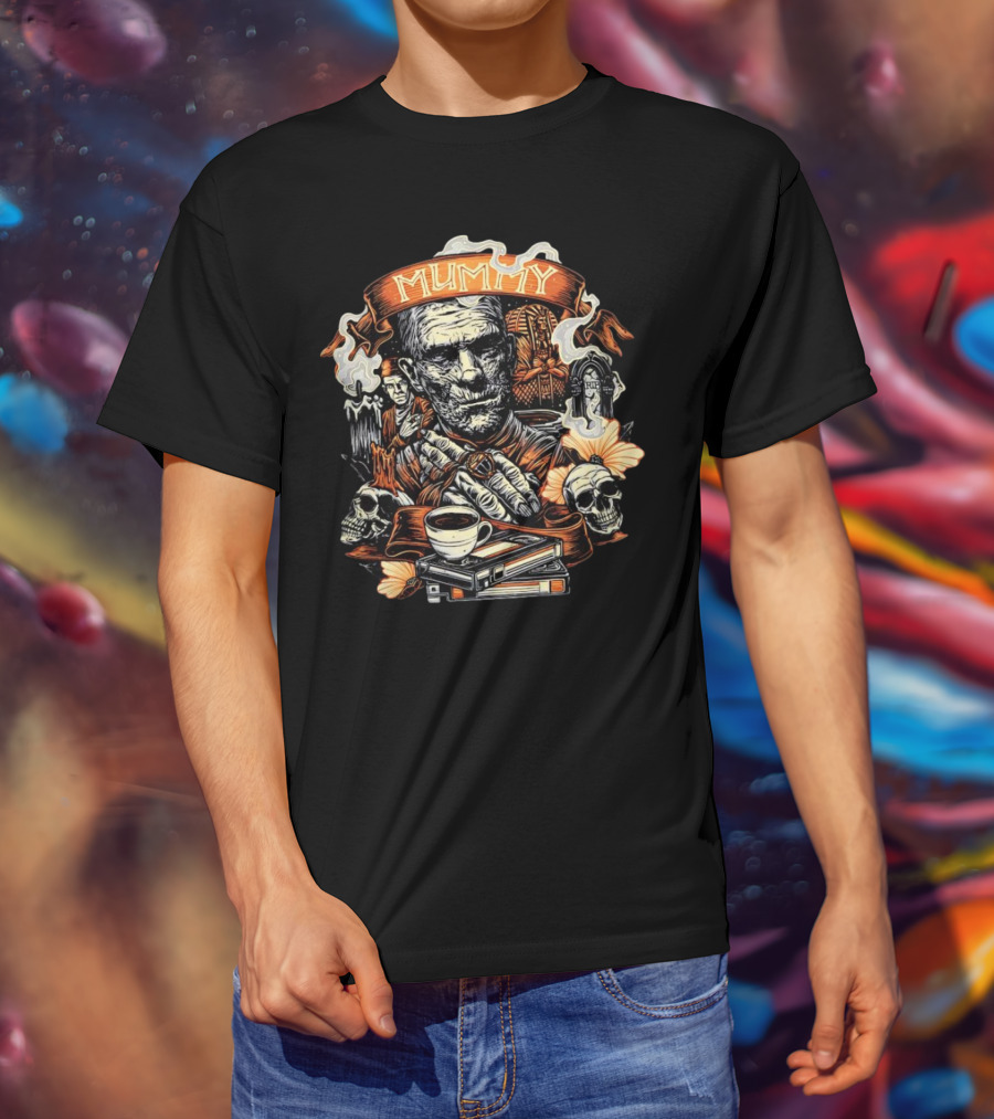 Mummy Vintage Horror Scene With Skulls And Coffee T-Shirt