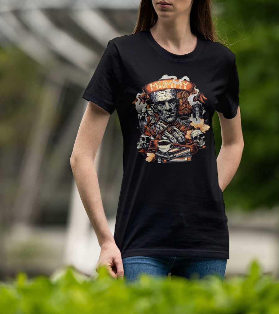 Mummy Vintage Horror Scene With Skulls And Coffee T-Shirt