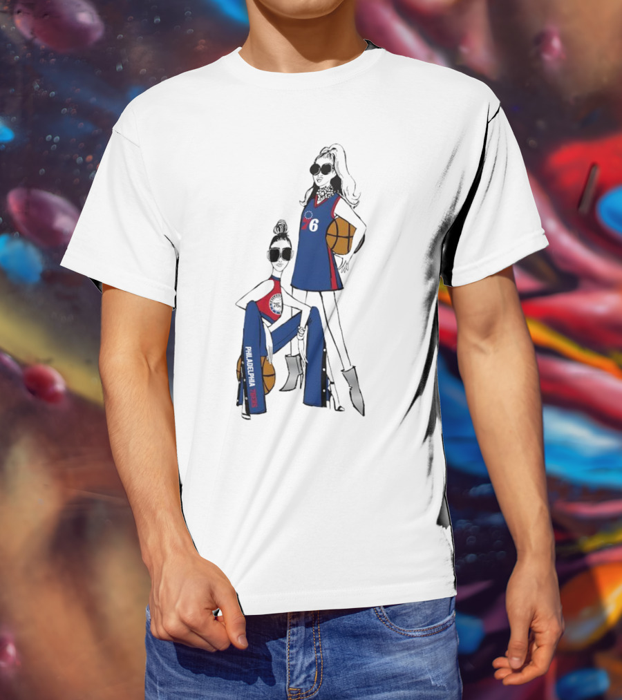 Philadelphia 76ers G-III 4Her Basketball Girls Fitted Blue And Red 76 Jersey And Pants With Basketball T-Shirt