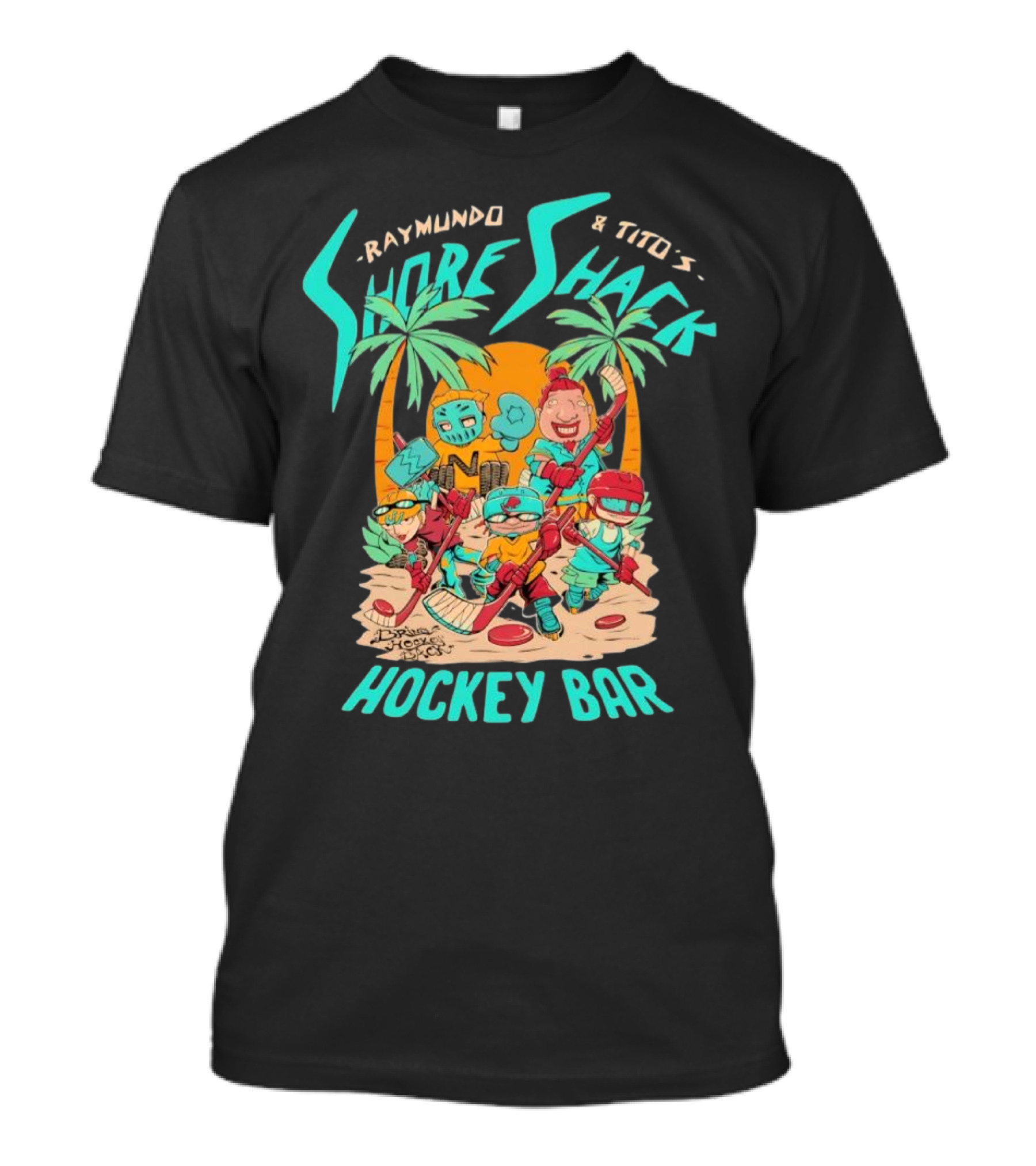 Raymundo And Tito's Shore Shack Hockey Bar Cartoon On The Beach With Hockey Players And Palm Trees T-Shirt