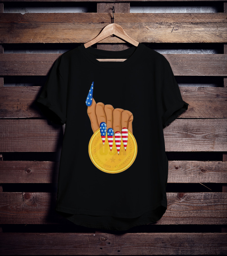 USA Gold Medal Hand With American Flag Nails T-Shirt