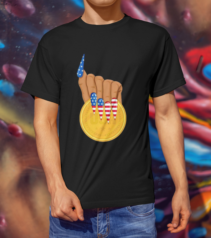 USA Gold Medal Hand With American Flag Nails T-Shirt