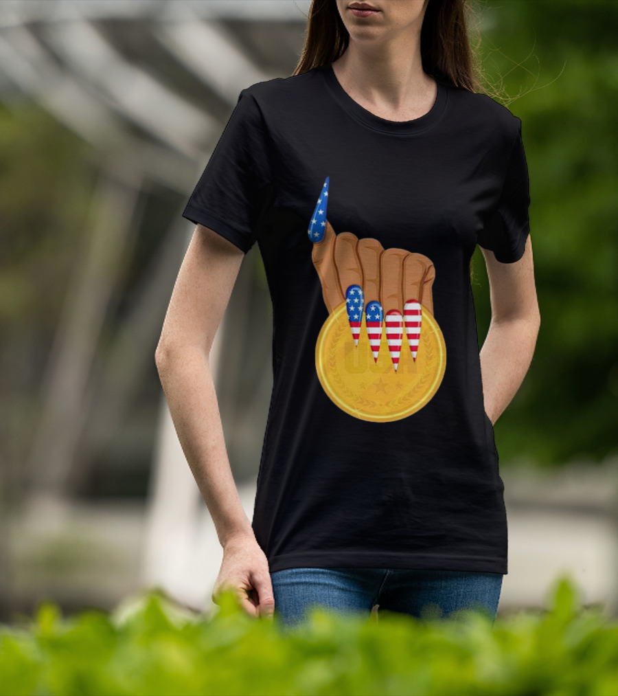 USA Gold Medal Hand With American Flag Nails T-Shirt