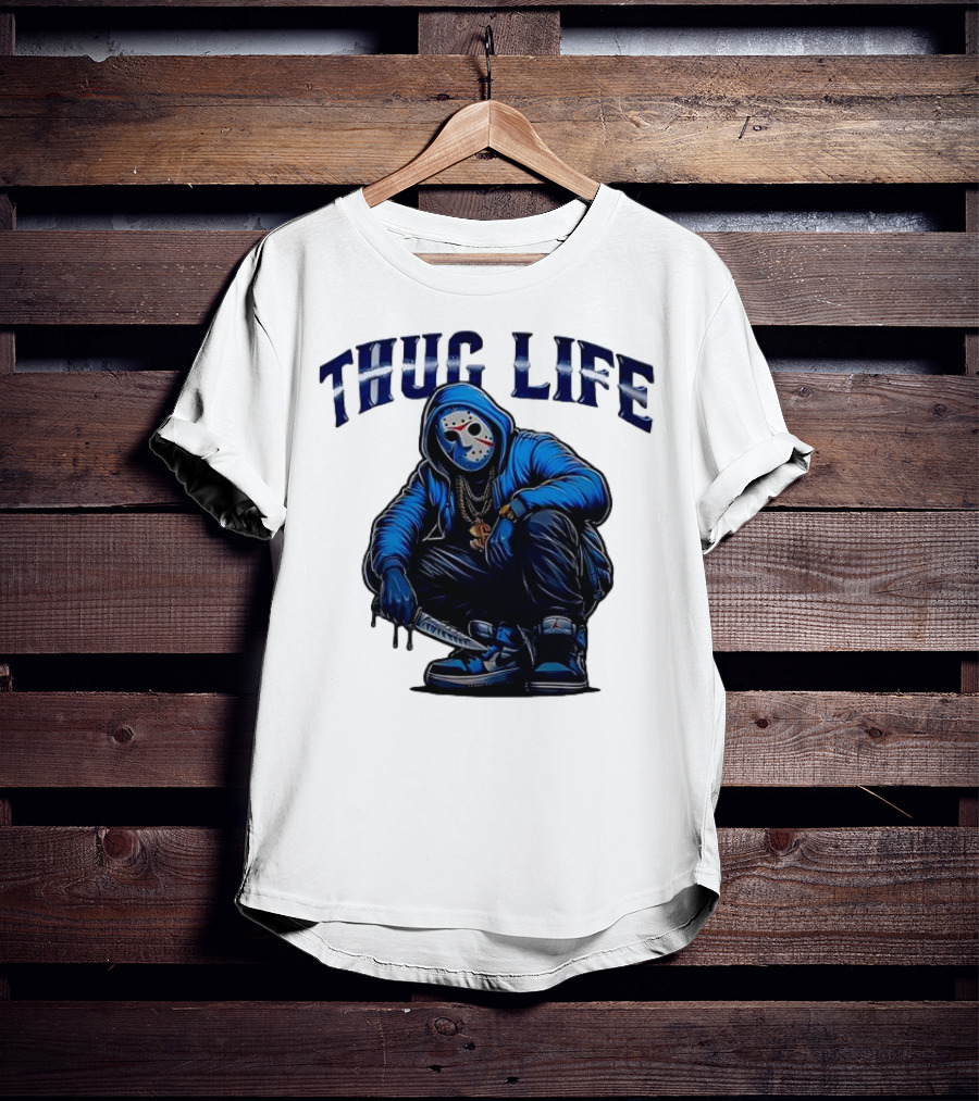 Thug Life Masked Man Sitting With Knife In Blue Hoodie And Sneakers T-Shirt