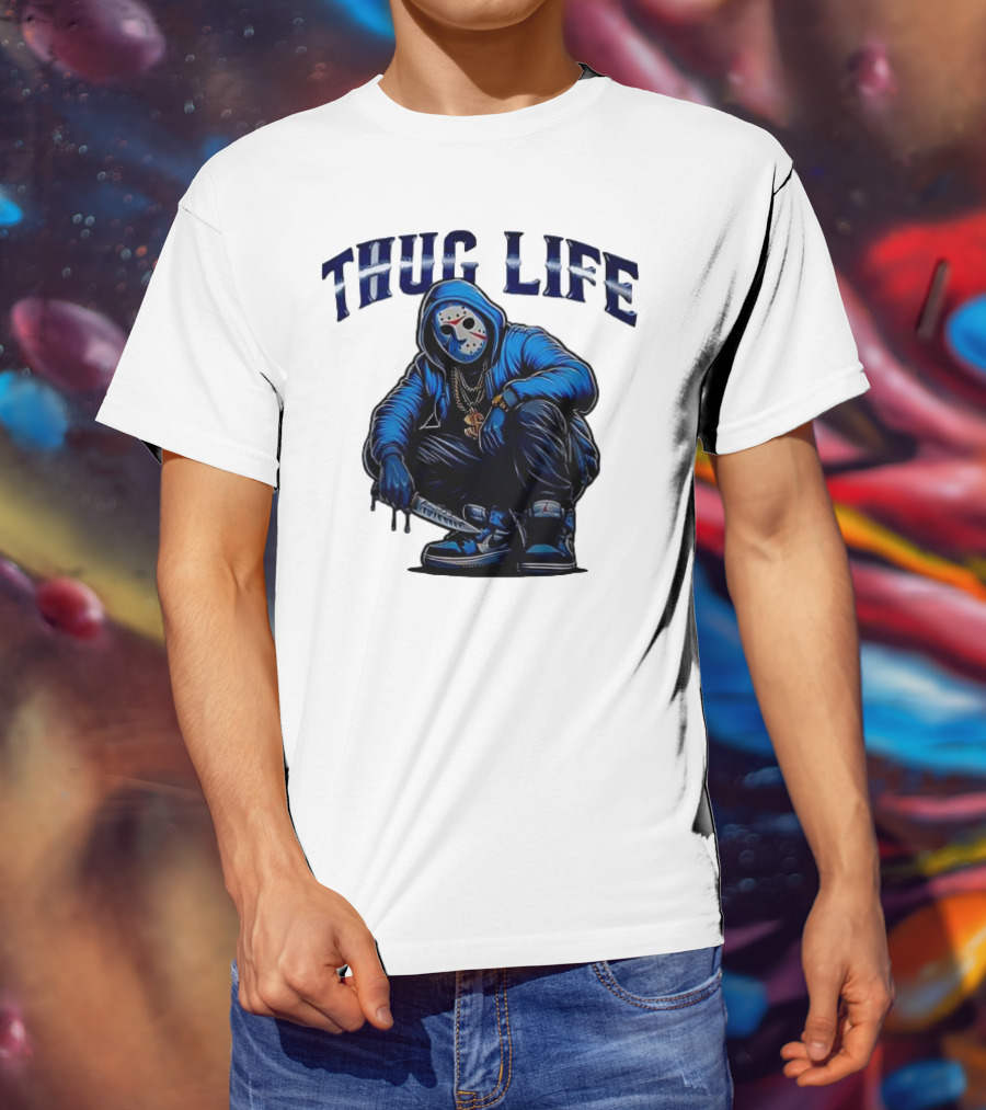 Thug Life Masked Man Sitting With Knife In Blue Hoodie And Sneakers T-Shirt