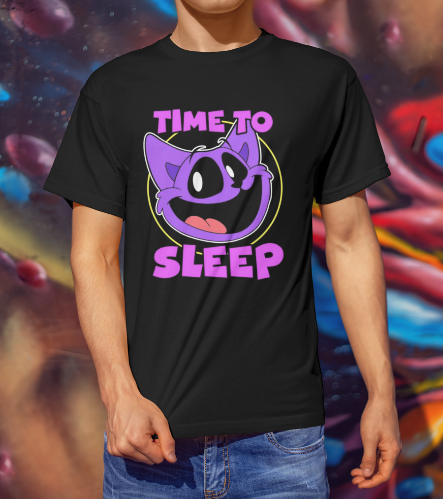 Time To Sleep Purple Cat Cartoon Face T-Shirt