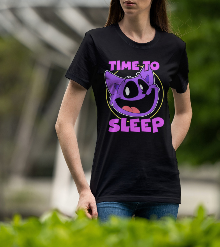 Time To Sleep Purple Cat Cartoon Face T-Shirt