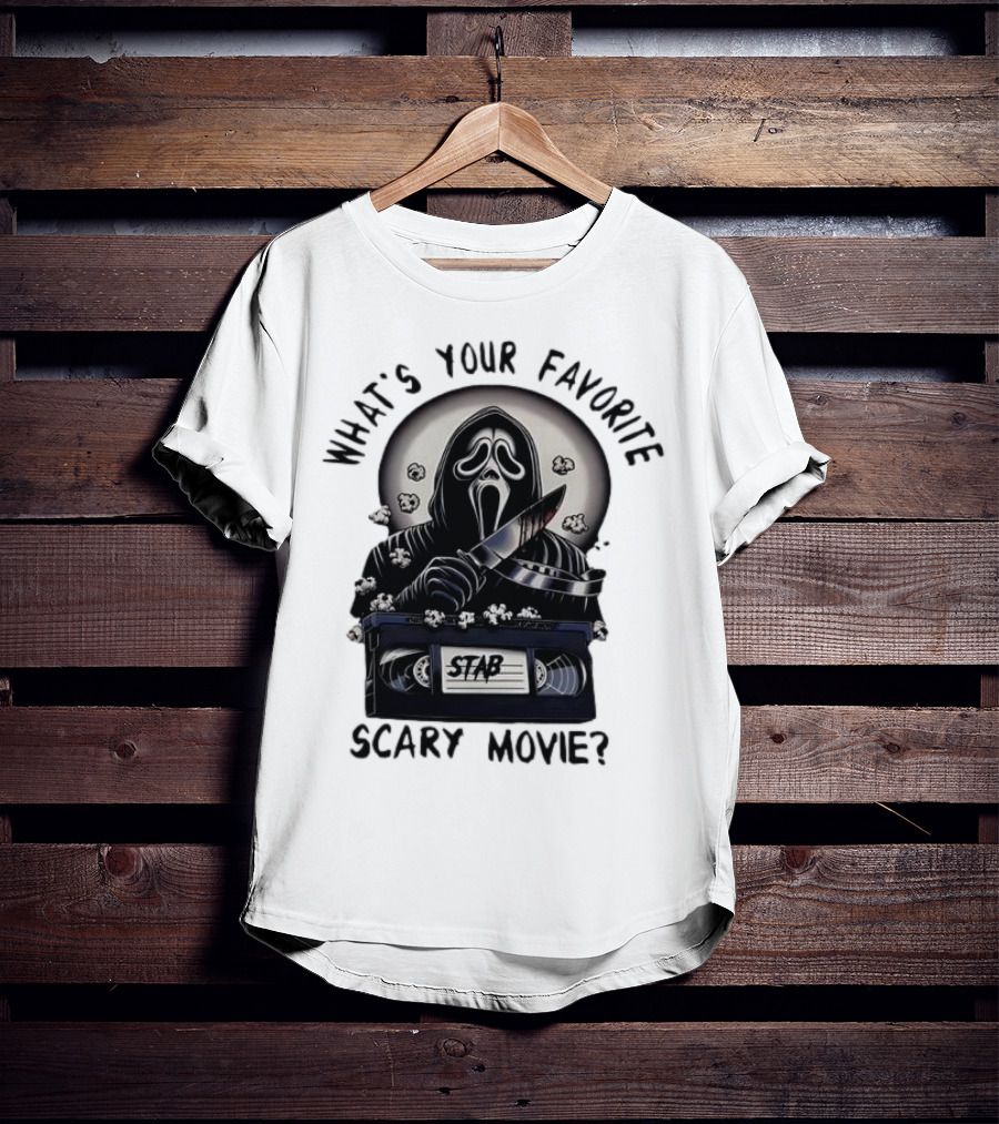 What's Your Favorite Scary Movie Ghostface Stab VHS Popcorn T-Shirt