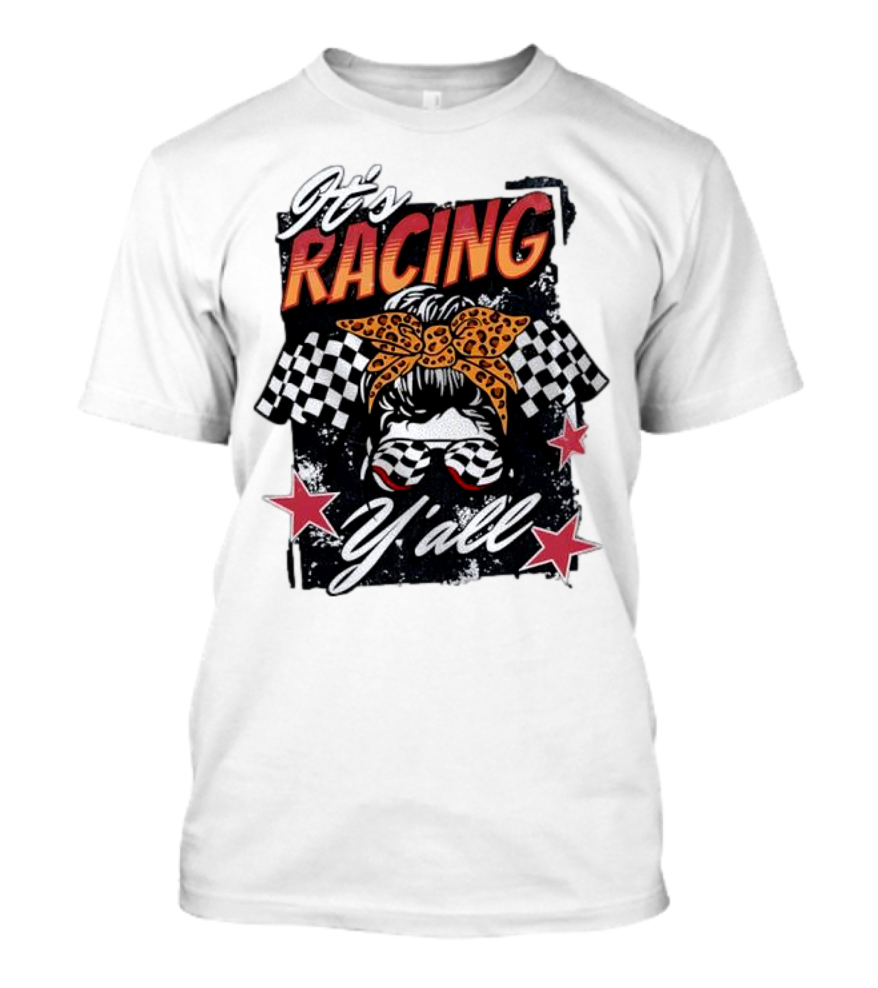 It's Racing Y'all Racing Girl Checkered Flag Leopard Print Bow T-Shirt