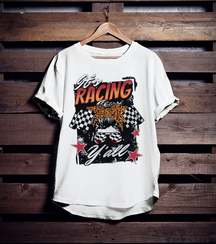 It's Racing Y'all Racing Girl Checkered Flag Leopard Print Bow T-Shirt