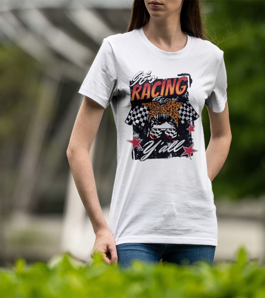 It's Racing Y'all Racing Girl Checkered Flag Leopard Print Bow T-Shirt